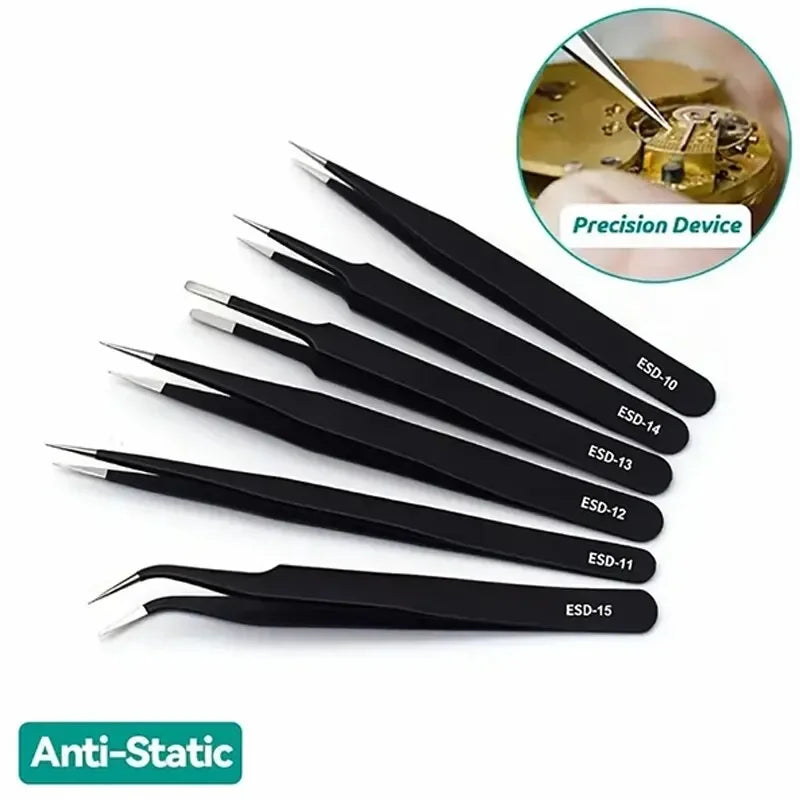 6pcs Precision Tweezers Set – ESD Anti-Static Stainless Steel Long Tweezers for Electronics Repair, Eyelash Extension, Craft & Lab Work