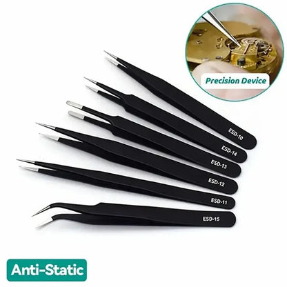 6pcs Precision Tweezers Set – ESD Anti-Static Stainless Steel Long Tweezers for Electronics Repair, Eyelash Extension, Craft & Lab Work