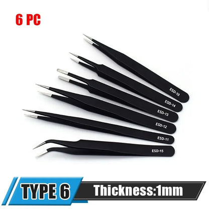 6pcs Precision Tweezers Set – ESD Anti-Static Stainless Steel Long Tweezers for Electronics Repair, Eyelash Extension, Craft & Lab Work