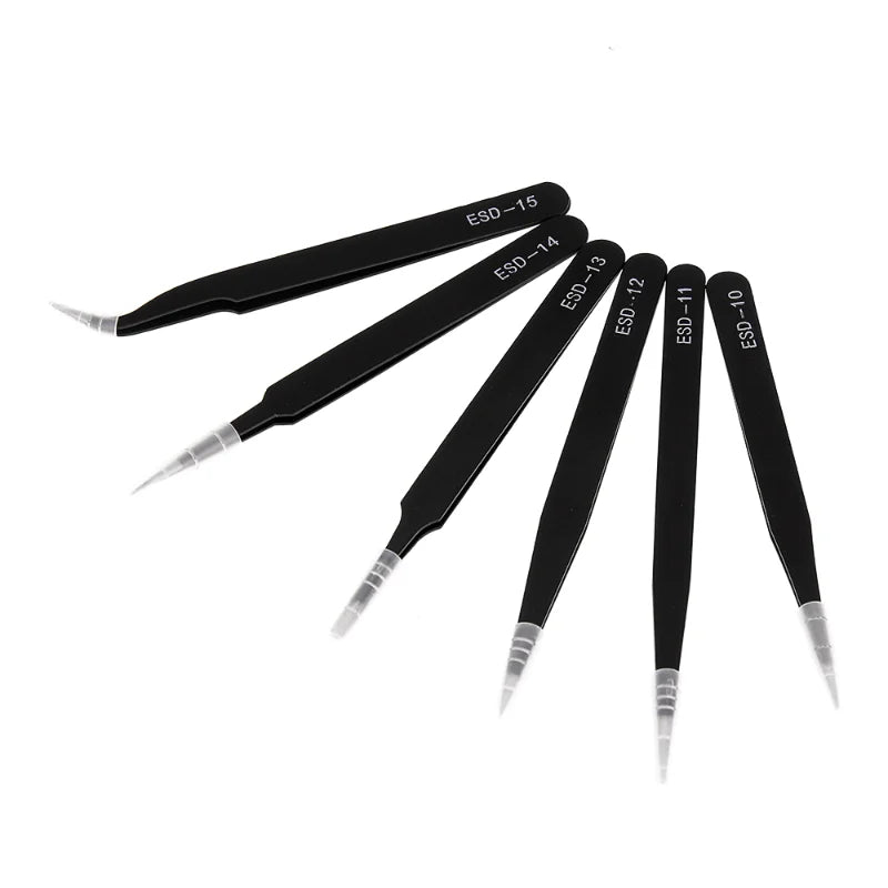 6pcs Precision Tweezers Set – ESD Anti-Static Stainless Steel Long Tweezers for Electronics Repair, Eyelash Extension, Craft & Lab Work