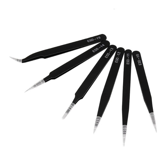 6pcs Precision Tweezers Set – ESD Anti-Static Stainless Steel Long Tweezers for Electronics Repair, Eyelash Extension, Craft & Lab Work