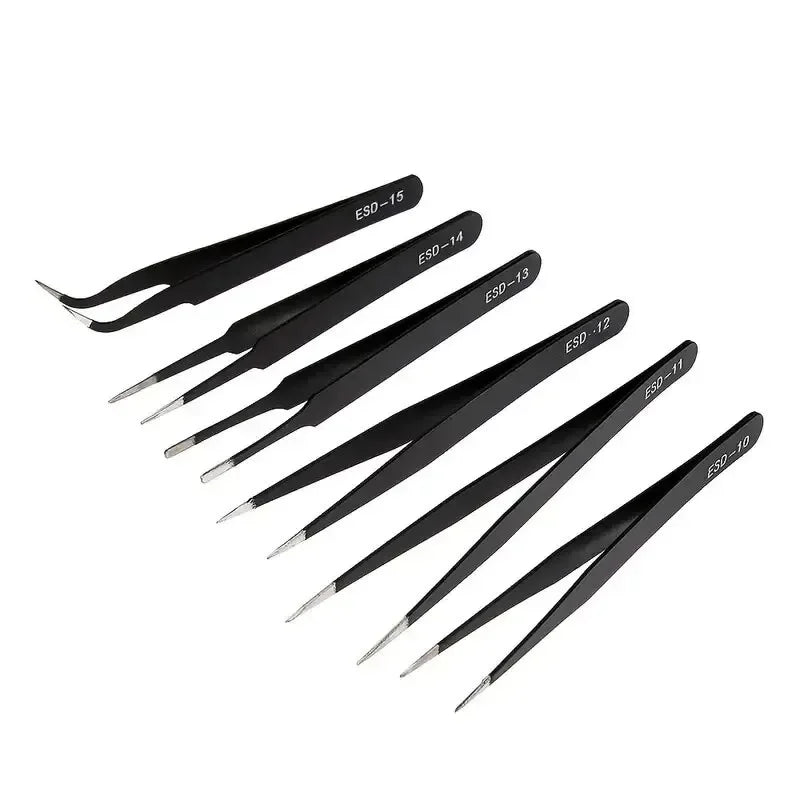 6pcs Precision Tweezers Set – ESD Anti-Static Stainless Steel Long Tweezers for Electronics Repair, Eyelash Extension, Craft & Lab Work