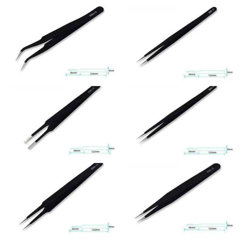 6pcs Precision Tweezers Set – ESD Anti-Static Stainless Steel Long Tweezers for Electronics Repair, Eyelash Extension, Craft & Lab Work